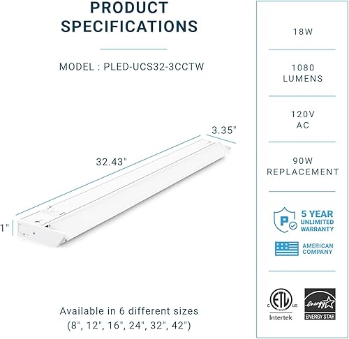 Miniatura 2 de PARMIDA - Iluminación LED giratoria para debajo del gabinete, instalación cableada o enchufable, 32 pulgadas, 18 W, 3CCT seleccionable por color,