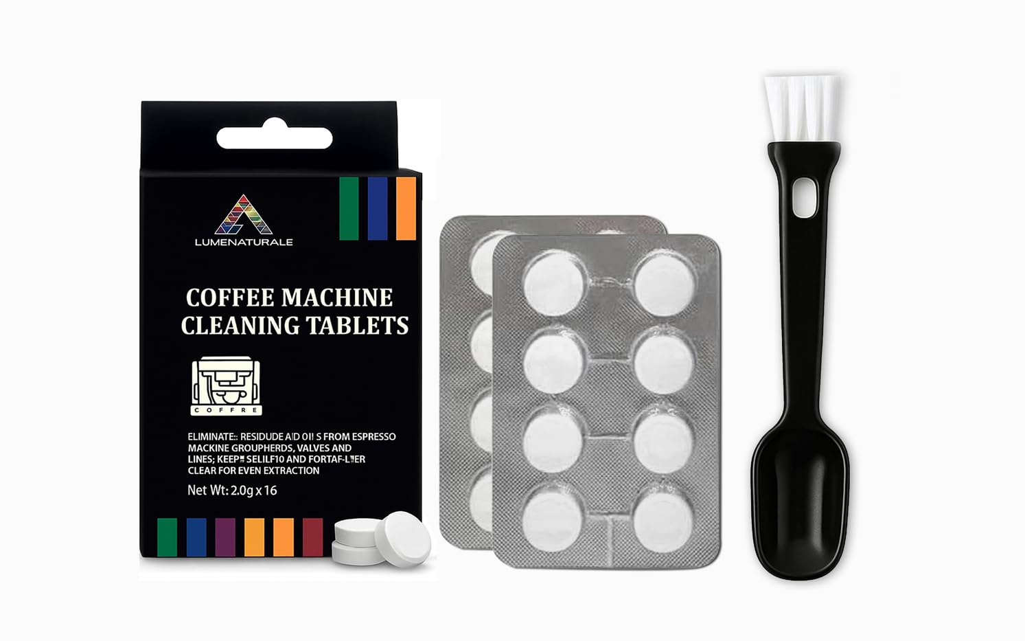 Coffee Machine Cleaning Tablets (16 x 2g) with Dual-Ended Coffee Brush & Scoop - Espresso & Coffee Maker Cleaner | Removes Stains & Oils | 2-in-1 Cleaning Kit – Compatible with Most Espresso Machines