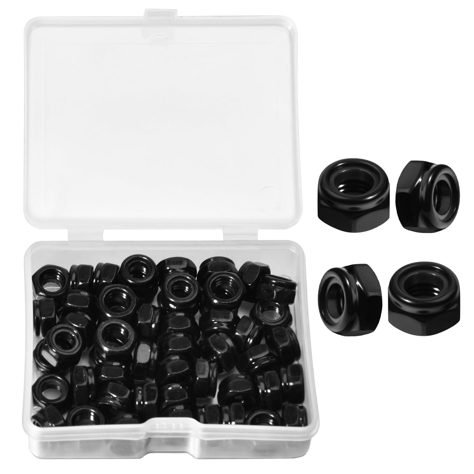 LEONTOOL 50Pcs M5 x 0.8mm Locknuts, Metric Self-Lock Nylon Inserted Hex Lock Nuts Black Zinc Plated 304 Stainless Steel Self Clinching Nut for Auto, Machine, Furniture, Tiny Nut with Storage Box