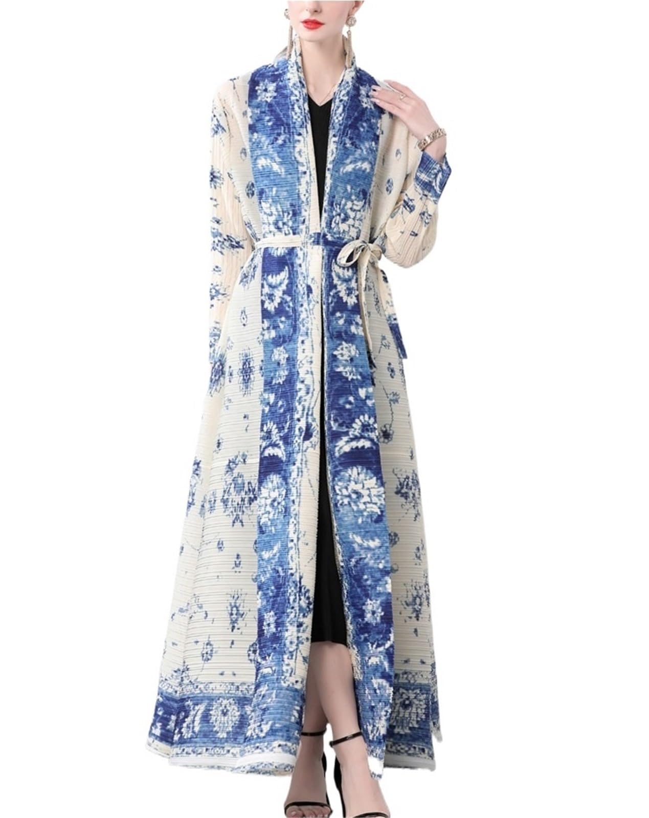 Womens Pleated Kimono Cardigan Duster Long - Vintage Print Open Front Boho Jacket Wrinkle Free Maxi Length Cover