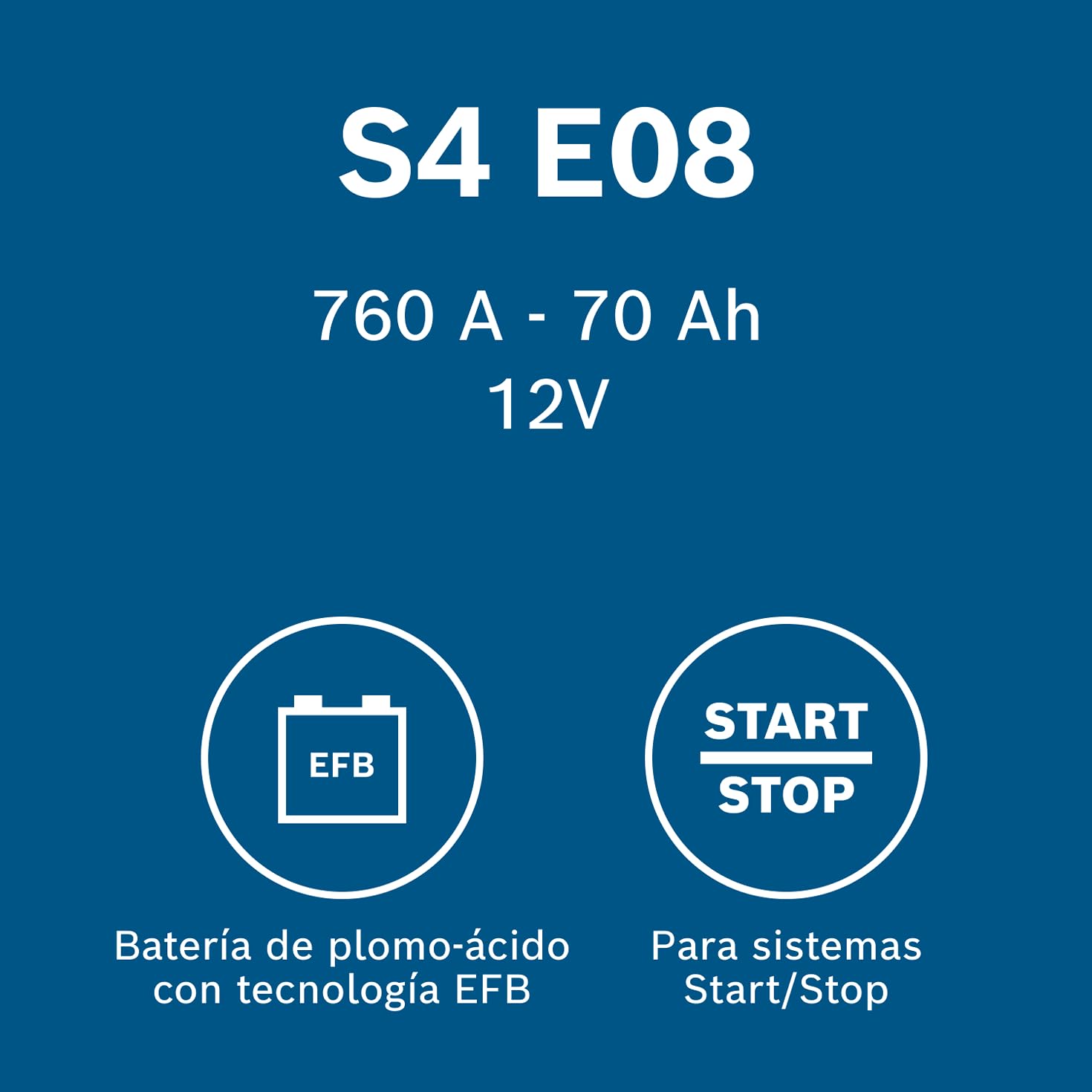 Bosch S4 E08 Batería para Coche 70 A/h - 760 A - 12 V, EFB de Plomo-Ácido para Vehículos con Sistema Start/Stop, Polaridad Izquierda (-) Derecha (+), 278 x 175 x 190 mm