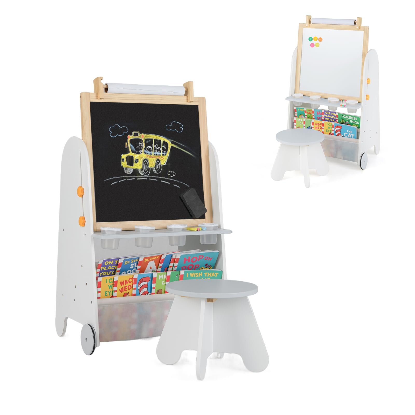 RELAX4LIFE Lavagna 4-in-1 con Sgabello, Lavagna Altezza Regolabile con Ruote, a Gesso, Bianca Magnetico, Ampia Piani di Lavoro & Rotolo di Carta, Regalo per Bambini da 3 Anni in Su