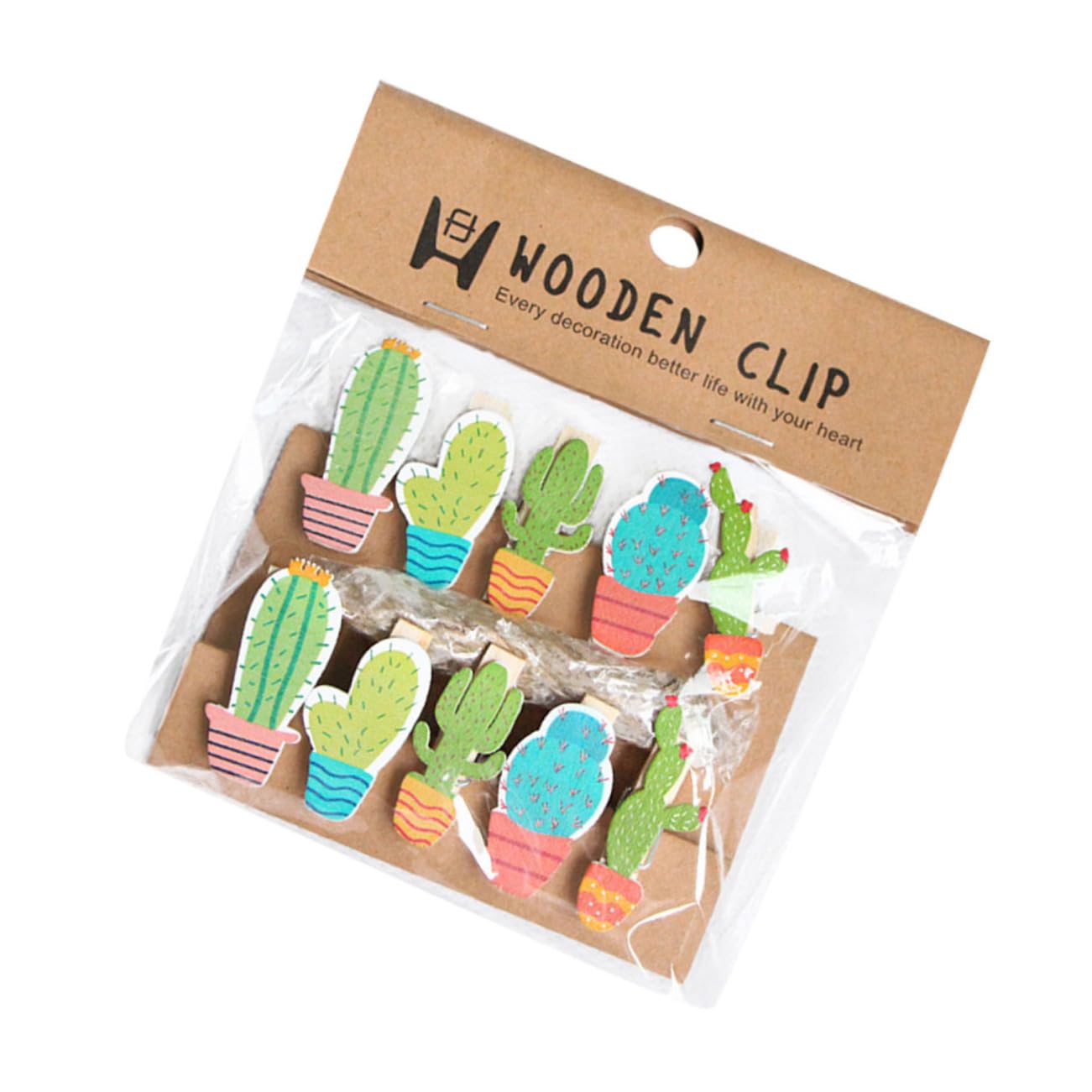 Pinces à Photos En Bois Cactus – Lot De 10 Avec Ficelle - 9