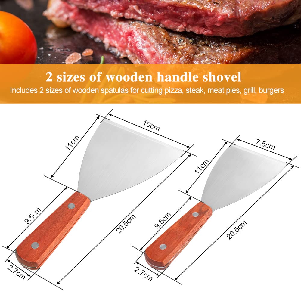 THATSRAD 2 PCS Spatule Inox Manche en Bois Spatule Barbecue Plancha Grattoir Plancha Inox Spatule Plancha Inox Teppanyaki Spatule pour Barbecue Pizza Steak 20,5*10 cm, 20,5*7,5 cm,1 mm d'Épaisseur