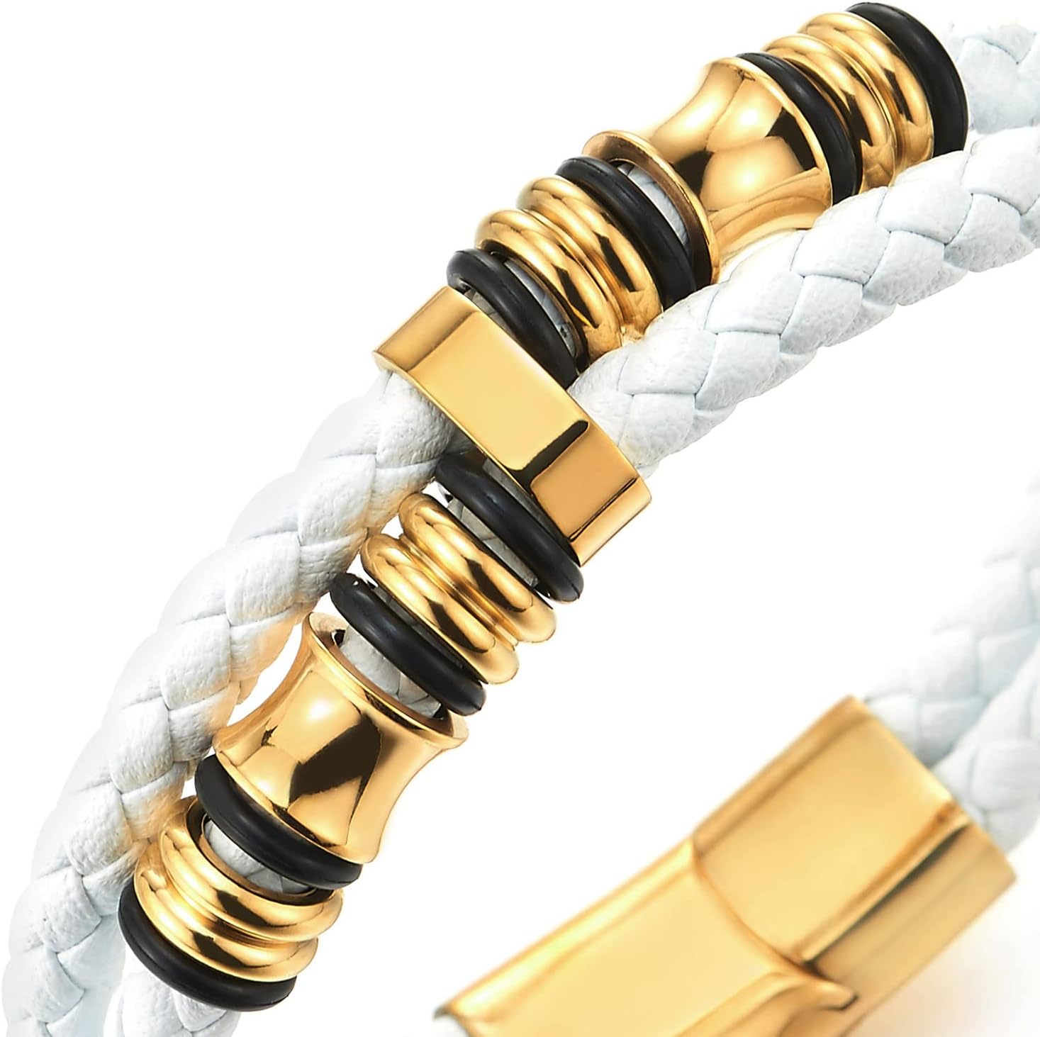 COOLSTEELANDBEYOND Mens Double-Row Braided Leather Bracelet Bangle Wristband Gold Color Stainless Steel Ornaments - Image 2