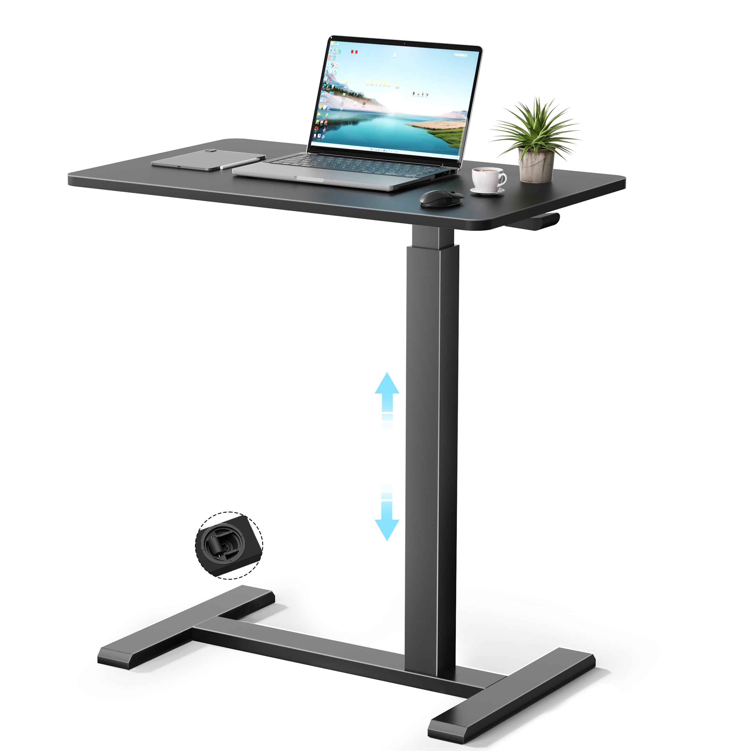 Mobile Standing Desk with Wheels Pneumatic Laptop Desk Height Adjustable Rolling Teacher Overbed Bedside Table for Home Office