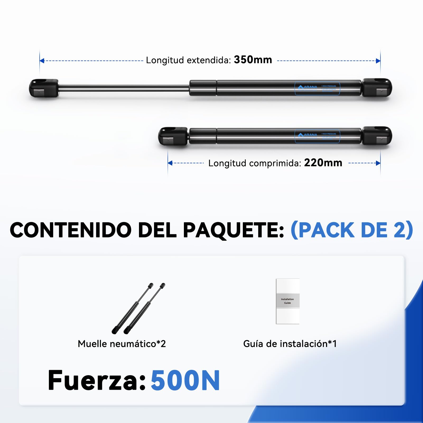 ARANA Muelle de gas 350 mm 500 N Amortiguadores de gas 50 kg soporte hidráulico