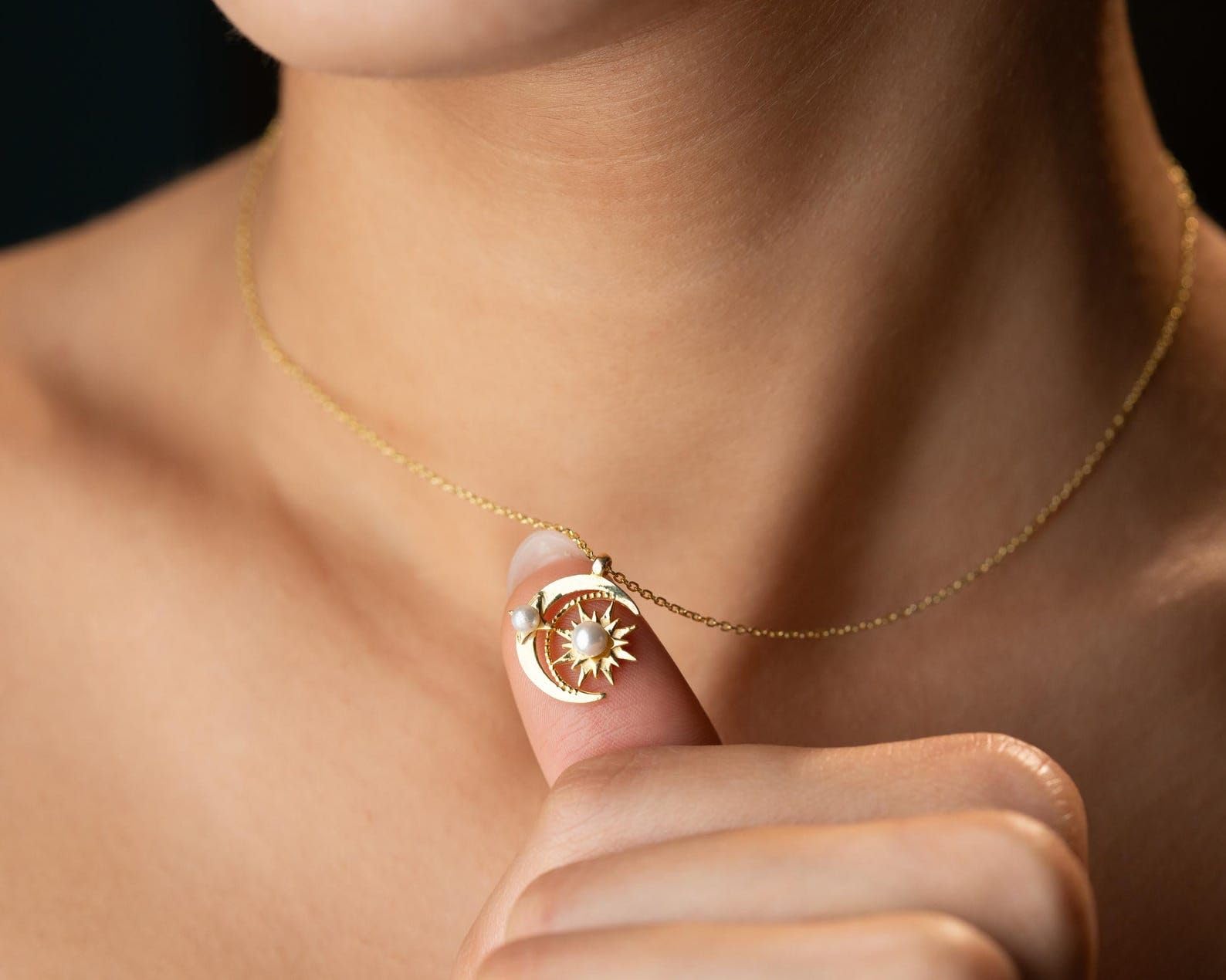 Sole luna collana argento sterling con perla Festa della Mamma Natale anniversario compleanno