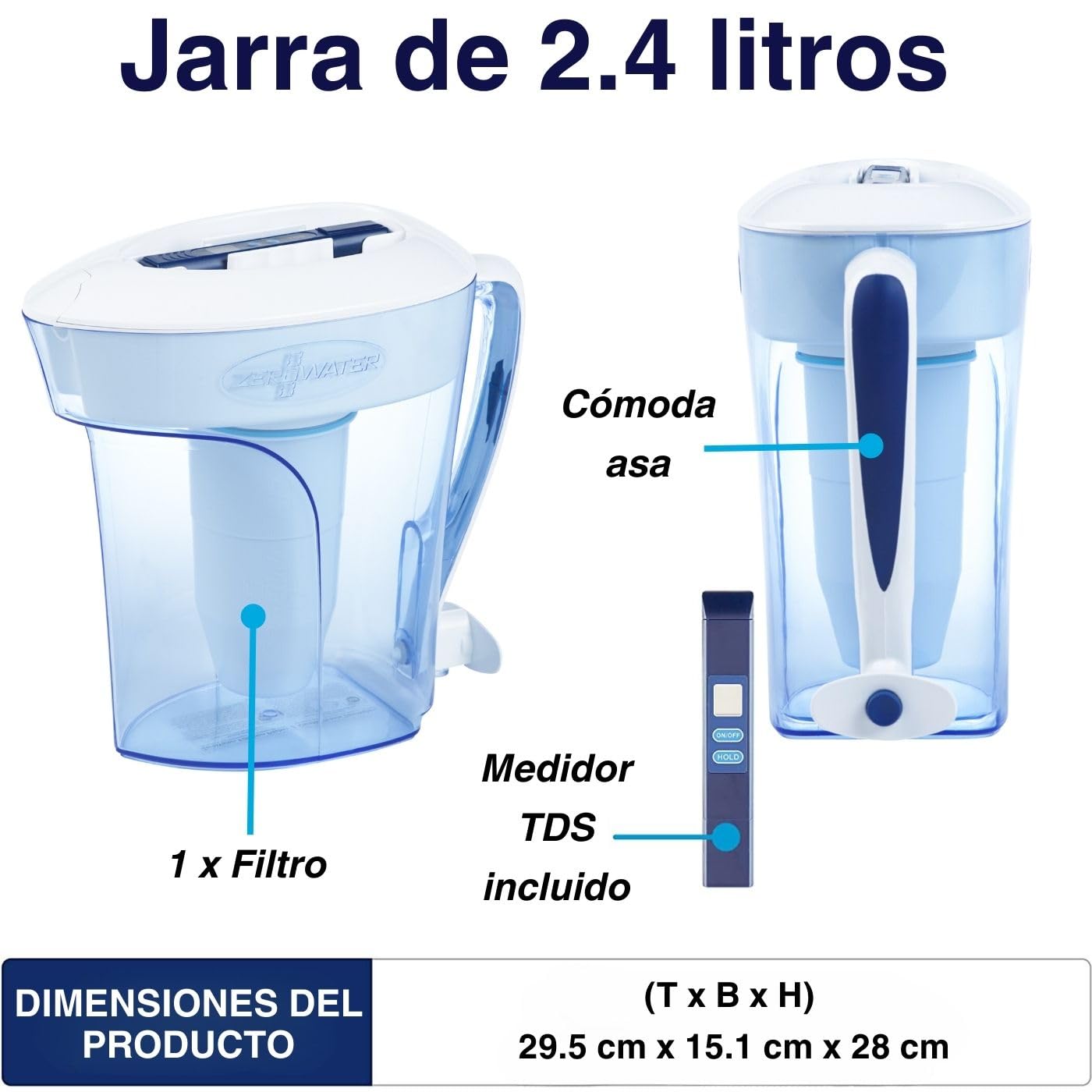ZeroWater Jarra filtradora de agua de 2,4 L, Libre de BPA y NSF certificada para Reducir la Cal el Plomo y Otros Metales Pesados, Medidor TDS y Cartucho Incluido