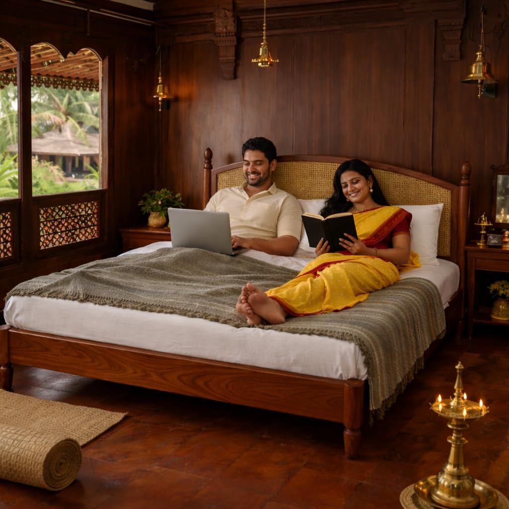 JANGHU FURNITUREWALA Wooden/Rattan/Cane King Size Bed Without Storage - Solid Sheesham Wood - King Cot - Palang - Bed Stylish Bedroom Furniture/Hotel Furniture (Machho, Honey Finish) Rattan/Cane Bed-image-5