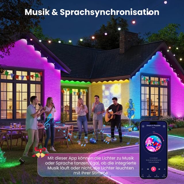 Rosnek Permanente Lichterkette Außen, 30M RGB 60 LEDs mit Alexa & Google, Smarte Weihnachtsbeleuchtung Außen mit WLAN-App funktioniert & Fernbedienung, Deko Weihnachten Draußen mit Wasserdicht & Timer