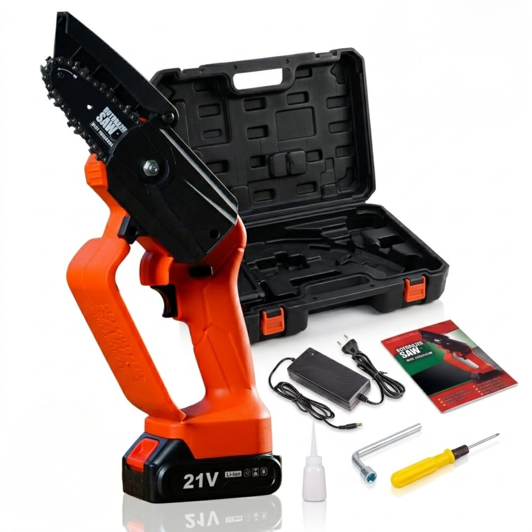 ROTORAZER Mini Chainsaw - Elagueuse - Mini tronçonneuse sans fil, Tronconneuse a Batterie électrique, 21V avec batterie et chargeur, Portable Pour couper le bois et les branches de jardin