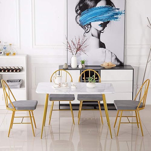 Miniatura 3 de Mesa de comedor rectangular de mármol blanco y dorado, mesa de cocina rectangular moderna y elegante con patas de metal dorado para 4-6 personas,