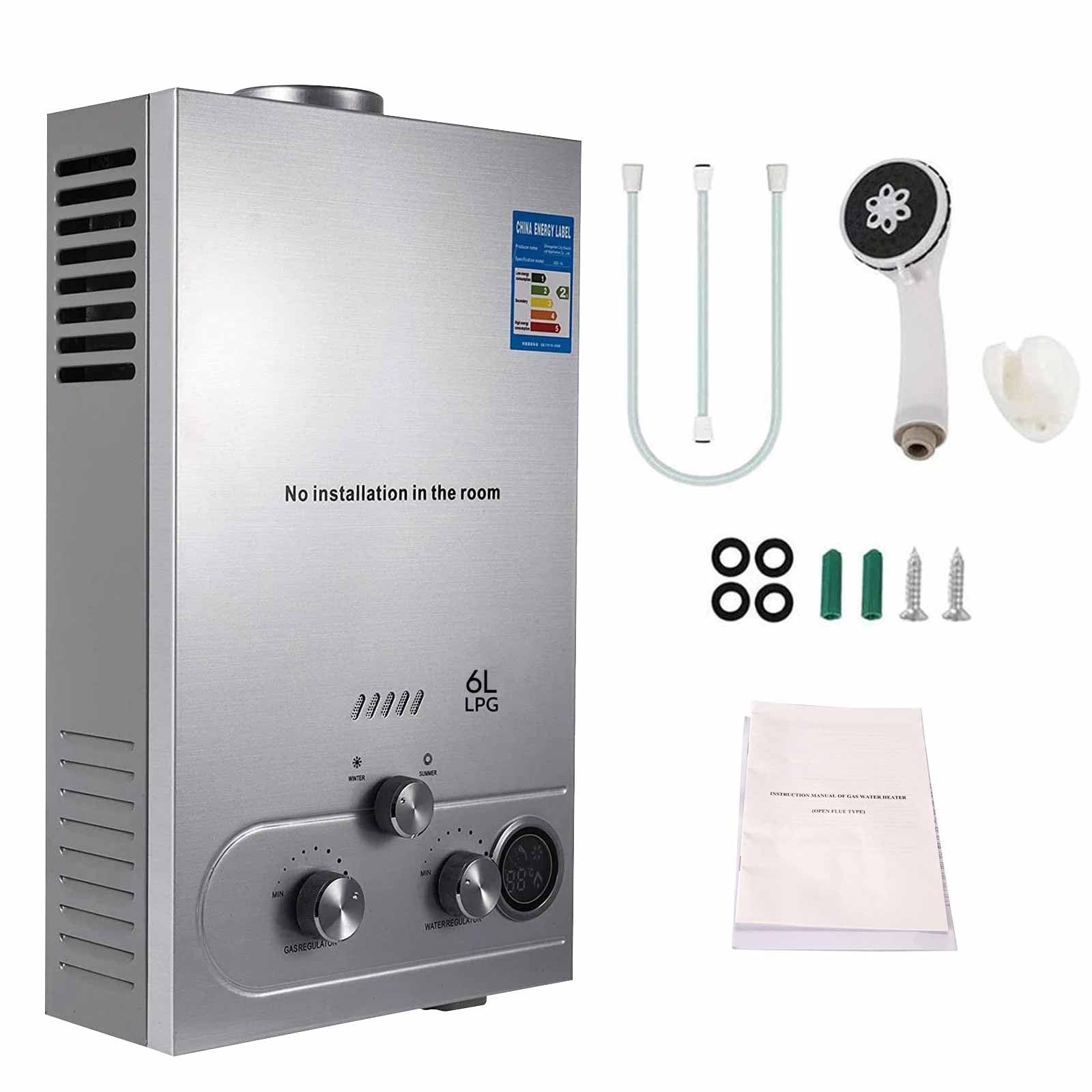 Calentador de agua de gas 6L, calentador de agua instantáneo LPG de acero inoxidable con kit de ducha, modos de invierno y verano, protección contra sobrecalentamiento, para autocaravana, camping y