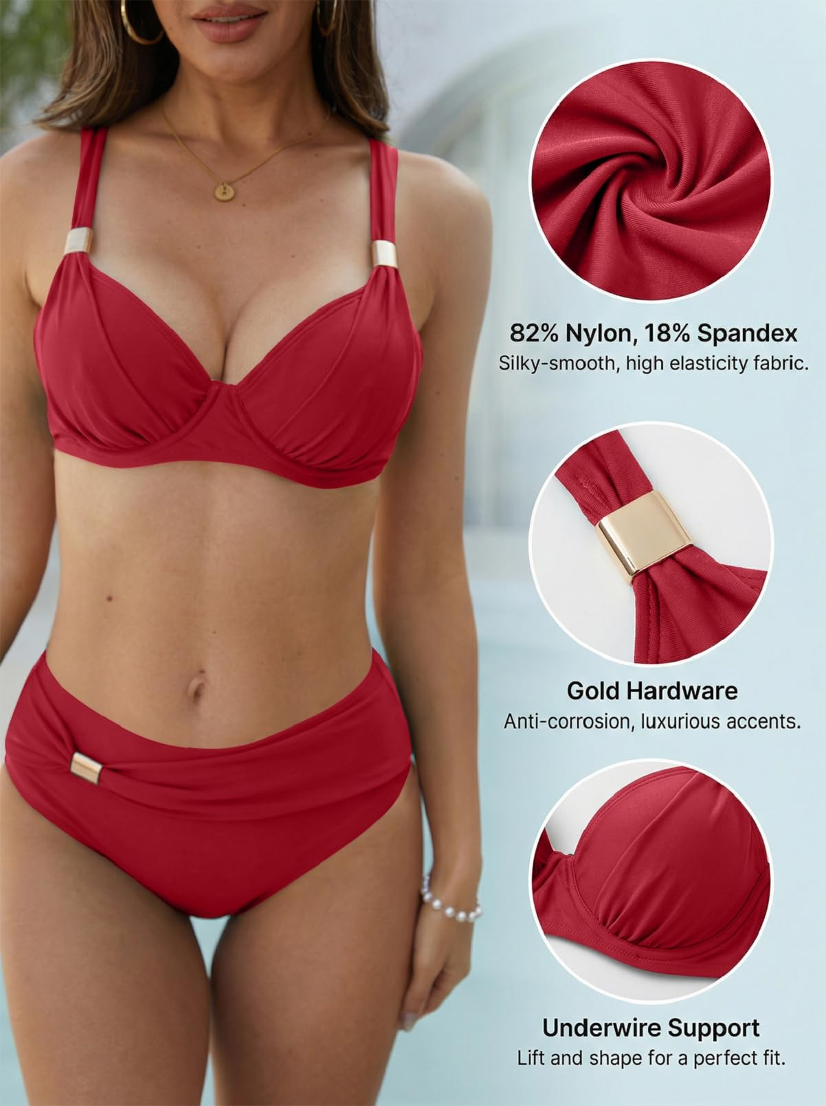 Yutdeng Bañador Dos Piezas Mujer Braga Alta Bikini Push Up con Aros Bikinis Reductor Barriga Talle Alto Vientre Plano con Pliegue Traje De Baño Mujer 2 Piezas Ropa de Baño Biquini — view 4