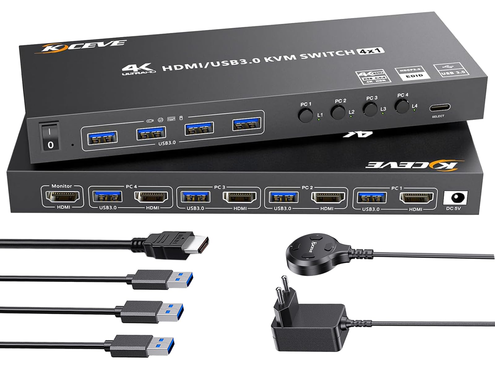 KVM Switch 4 PC 1 Monitor HDMI Simulazione EDID, 4K@60Hz, USB 3.0 KVM Switch HDMI 4 porte per 4 PC condividere 1 monitor e 4 dispositivi USB 3.0, con telecomando cablato, 5 cavi e alimentatore