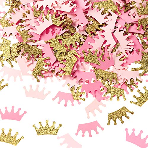 300 Pieces Crown Confetti Glittery Prince King Crown Confetti Baby Shower Crown Confetti for Baby Girl Birthday Party Decorations (Pink Gold, Pink Tone)