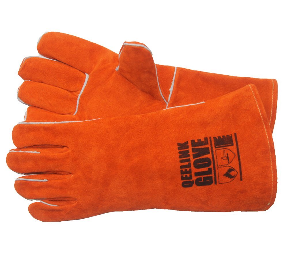 QeeLink Gants de soudage – Résistant à la chaleur et à l'usure en cuir doublé et coutures ignifuges – pour soudeurs/cheminée/barbecue/jardinage