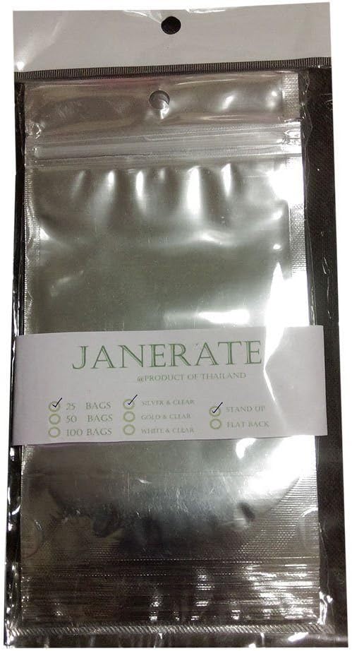 Pack of 25 Clear & Silver Metallic Food Storage Flat Bag Aluminum Foil Ziplock Bags (2.5x5 Inch)