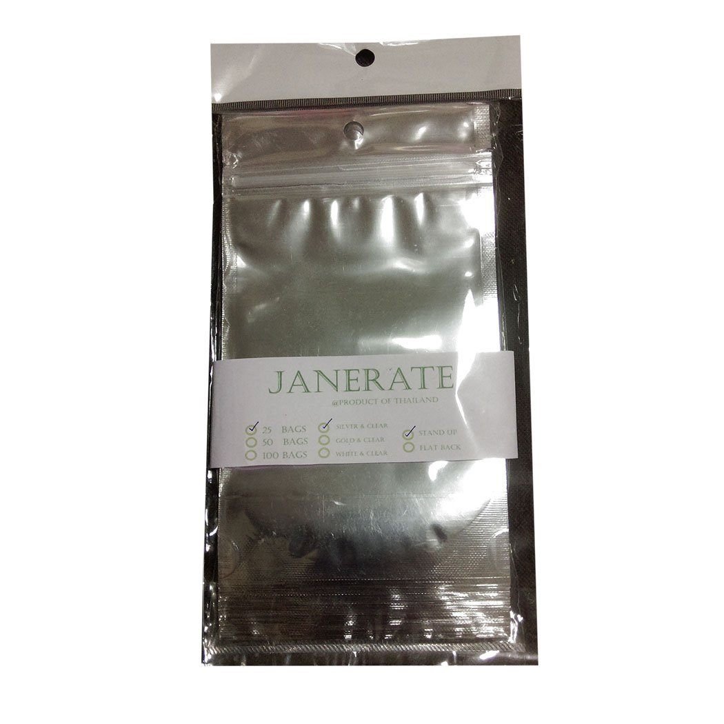 Pack of 25 Clear & Silver Metallic Food Storage Flat Bag Aluminum Foil Ziplock Bags (2.5x5 Inch)