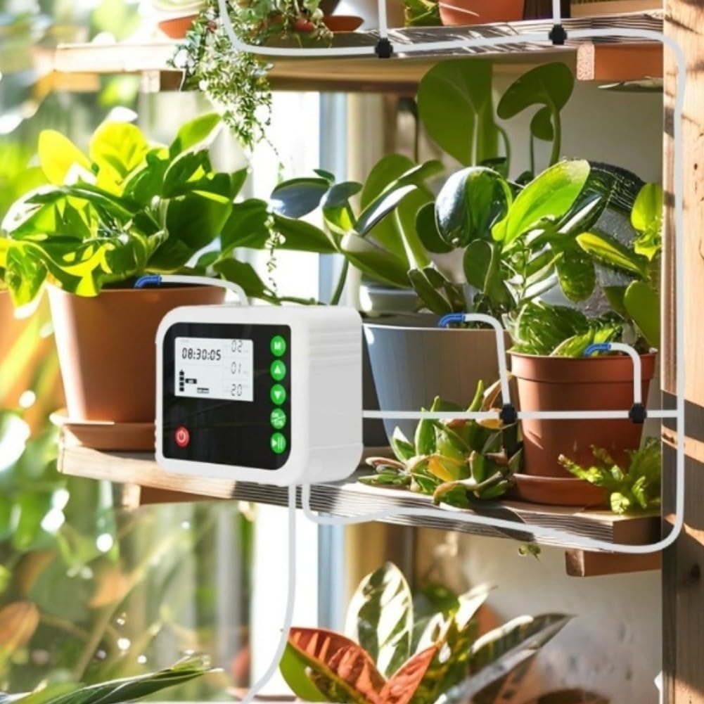 Automatisches Bewässerungssystem Zimmerpflanzen, Tropfbewässerung Set Indoor für bis zu 15 Töpfe, Pflanzenbewässerung Urlaub mit Timer, Auto Wassergabe Kit für Büro und Gewächshaus