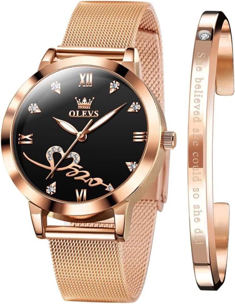 Rose Gold Watch for Women Mesh Strap Fashion Dress Hearts Japanese Quartz Waterproof Luminous Ladies Watches Bracelet Sets
