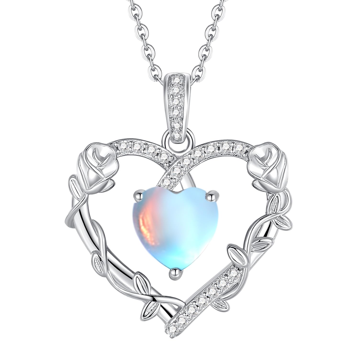 FANCIME Heart Rose Flower Necklace 925 Sterling Silver Birthstone Pendant Created Gemstone Jewellery Anniversary Birthday Christmas Gifts for Women 16