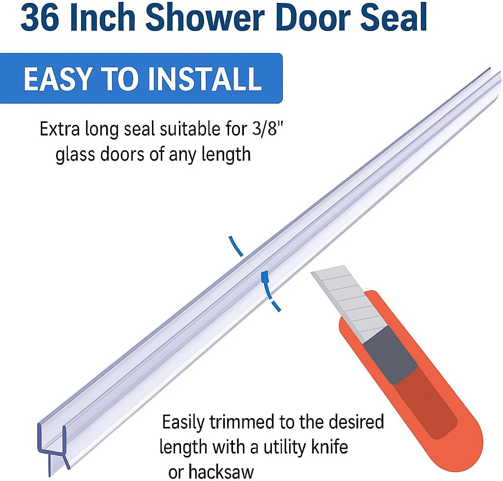 Star-Line 36" Frameless Shower Door Bottom Seal – Fits 3/8” Glass – Clear PVC Strip for Water Barrier & Splash Protection