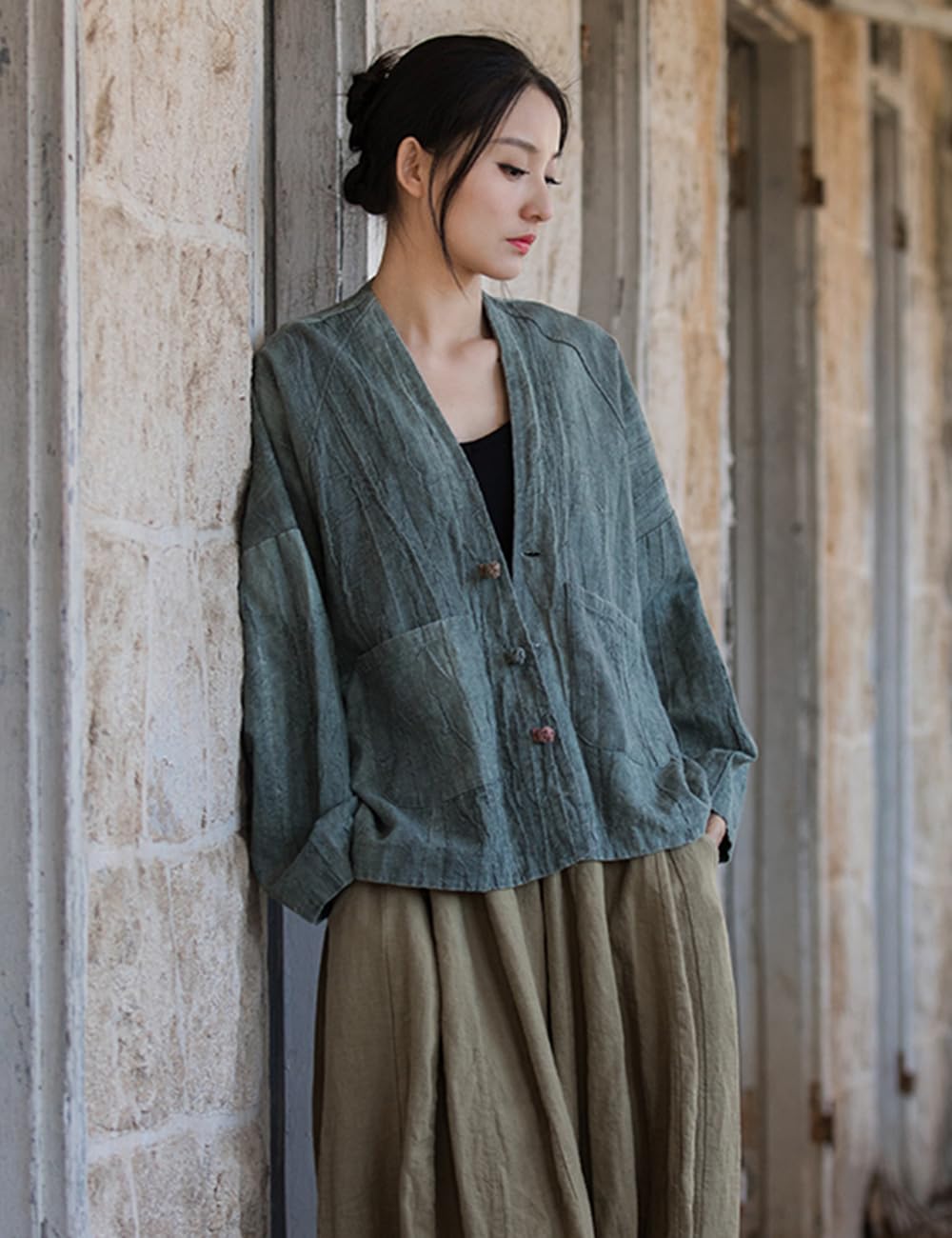 NFYM Damen Leichte Baumwolle Leinen Vintage Tie Dye Loose Fit Open Front Kimono Cardigan Jacke Outwear