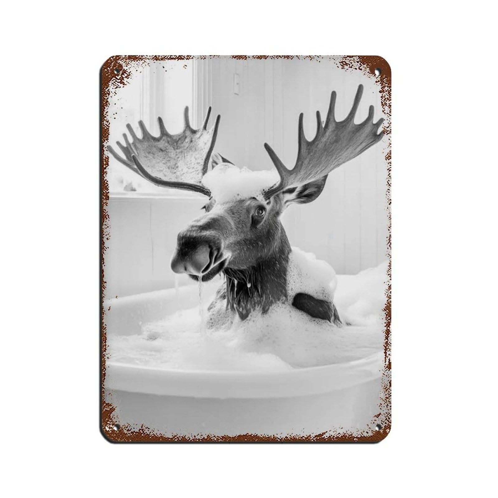 Moose in The Bathtub, Funny Bathroom Art Retro Poster Metal Tin Sign Chic Art Retro Iron Painting Bar People Cave Cafe Family Garage Poster Wall Decoration 12x16inch(30x40cm)