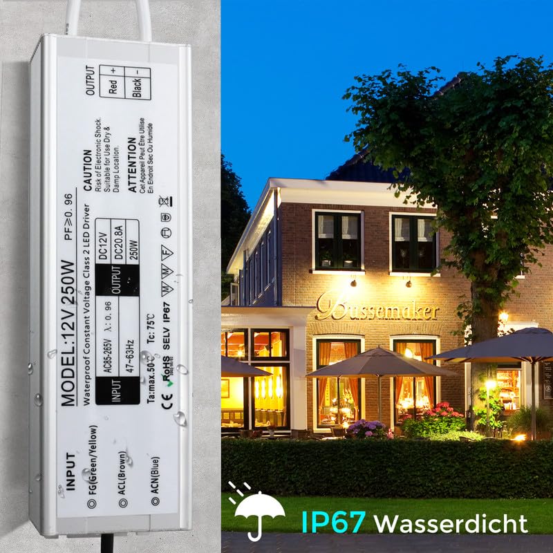 Trasformatore LED 12 V 250 W IP67, trasformatore impermeabile per esterni, con spina, alimentatore a LED, driver da 230 V a DC 12 Volt, adattatore LED Driver esterno per luci LED