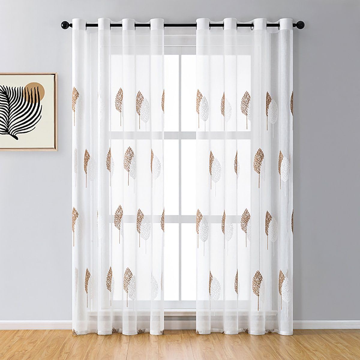 BYSURE Set of 2 curtain leaves embroidery with eyelets, voile, flower curtains, 140 x 225 cm, coffee