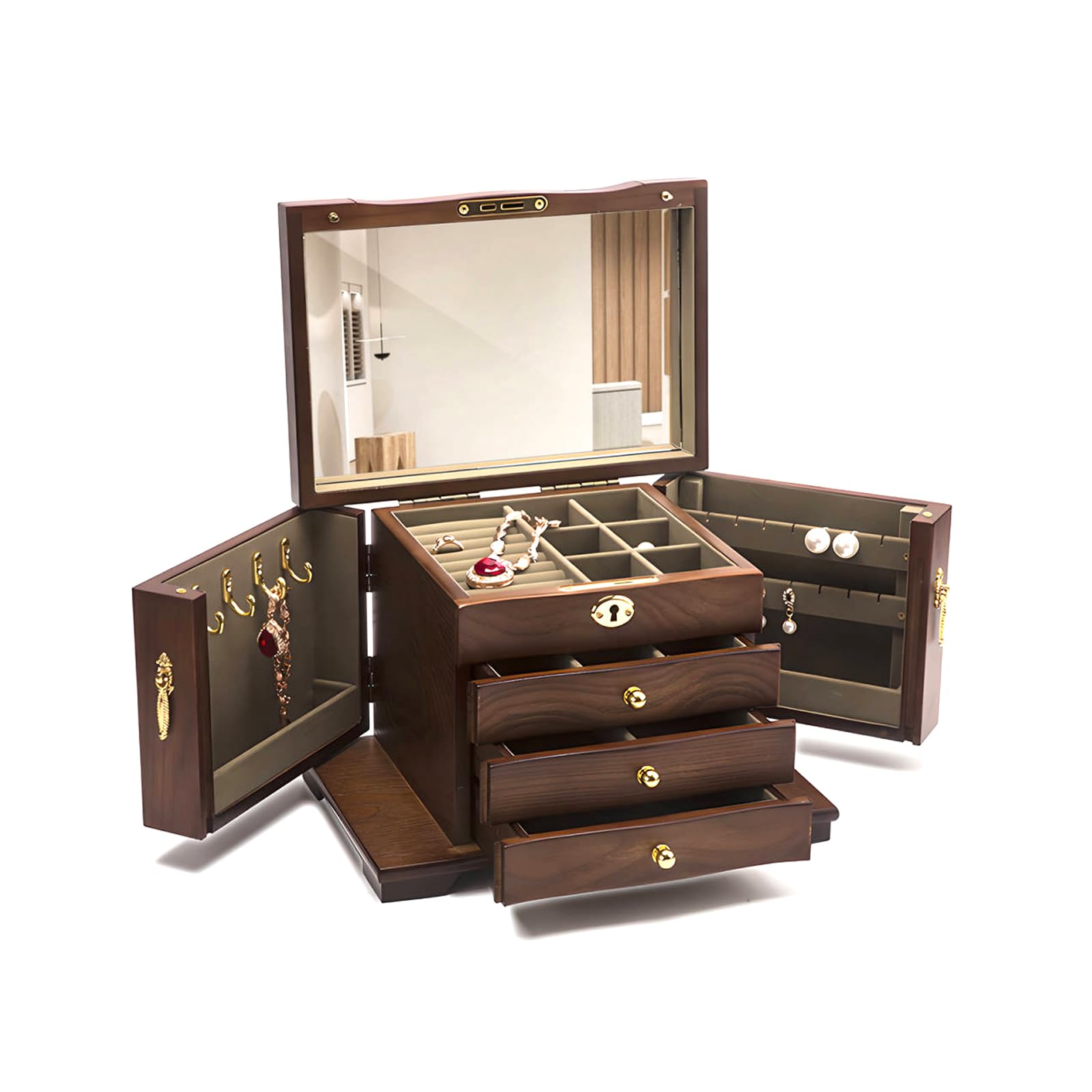 Portagioie In Legno Grande Con 4 Cassetti E Specchio – Organizer 5 Livelli Per Anelli, Orecchini, Collane – Colore Marrone Vintage