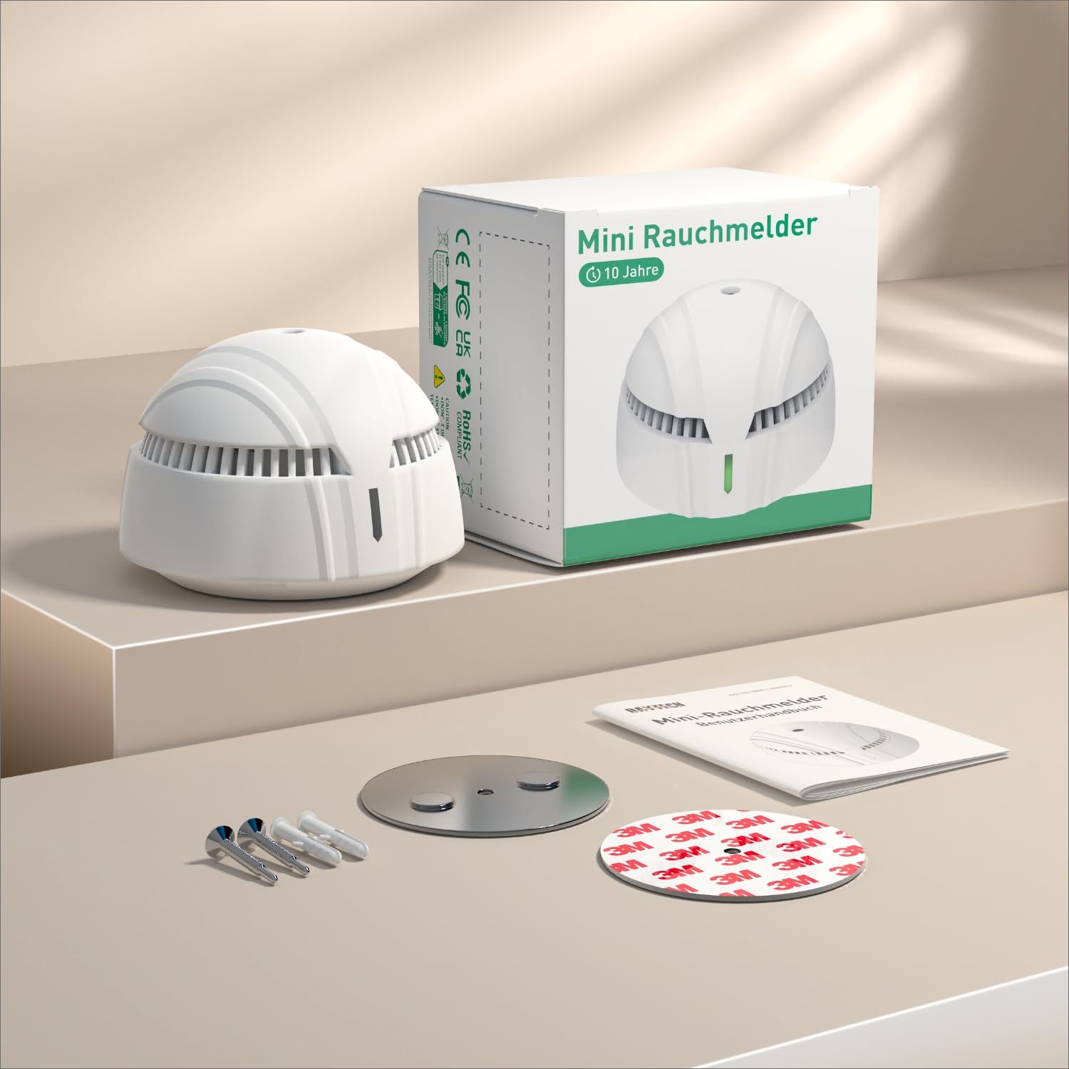 DAYTECH - Mini detector de humo con 10 años de batería, instalación fácil, alarma contra incendios, detector de humo sin perforación con soporte magnético, ideal para casa, apartamento y alquiler