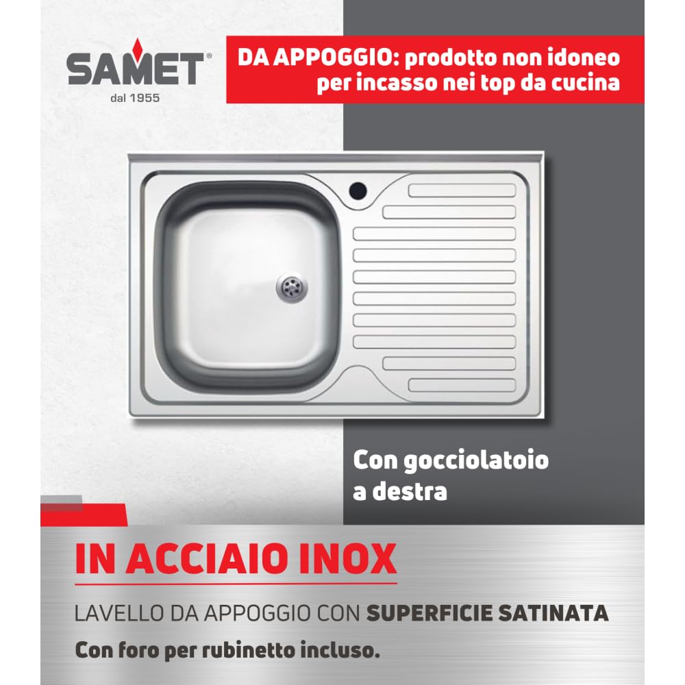 Lavello appoggio acciaio inox 80x50 cm una vasca e gocciolatoio destro SA216