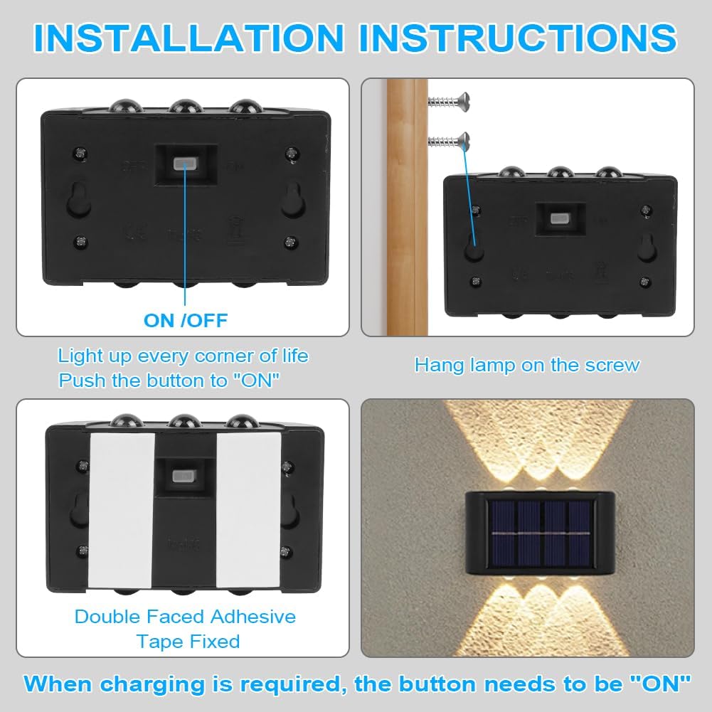 Flintronic 6 sztuk świateł solarnych na ścianę, regulowane lampy LED z 6 ciepłymi światłami, do góry i w dół, oświetlenie LED na zewnątrz, wodoszczelne IP65