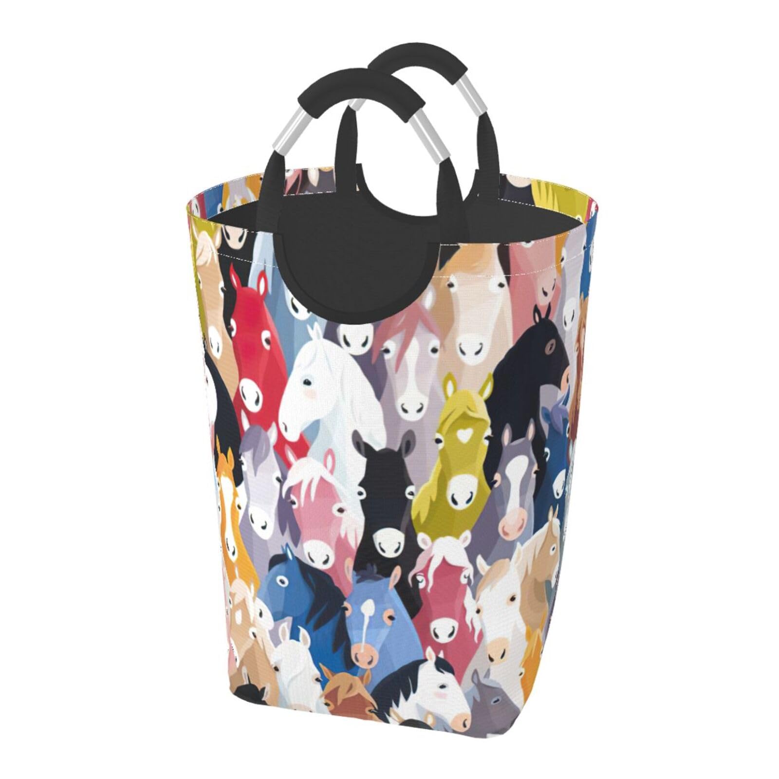 Grand sac à linge pliable avec poignées en aluminium motif chevaux colorés