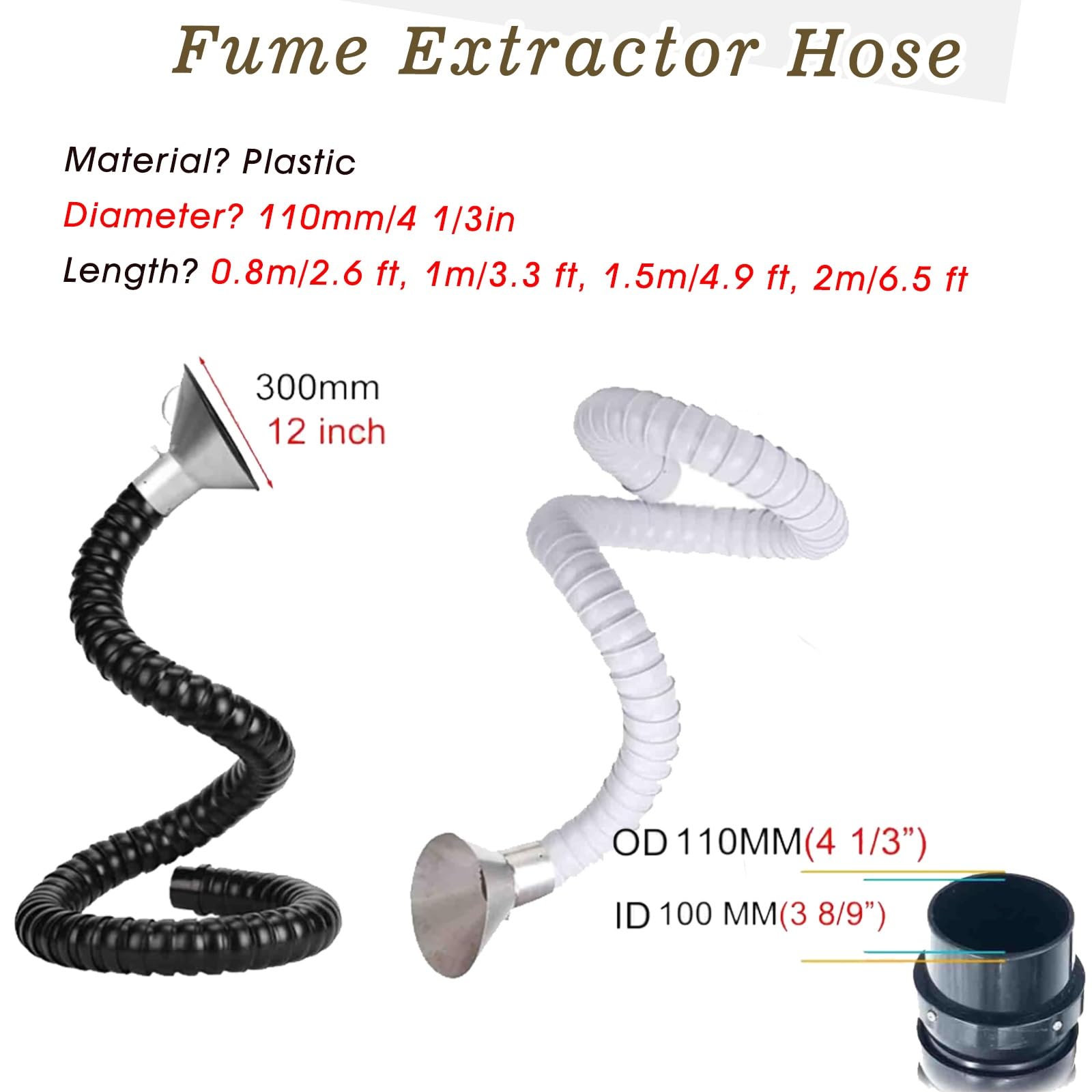 Manguera corrugada de extracción de Polvo de 2, 4, 6 y 8 Pulgadas, Manguera de extracción de Humos de Soldadura, Brazo colector Flexible con Boquilla Redonda para extracción de Humos, adecua