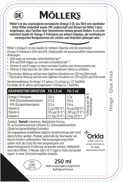 Möller's Omega 3 Lebertran | Nahrungsergänzung mit EPA, DHA, Vit A, D und E | Hochreiner natürlicher | 165 Jahre alte Marke | Superior Taste Award | Apfelgeschmack | 250 ML