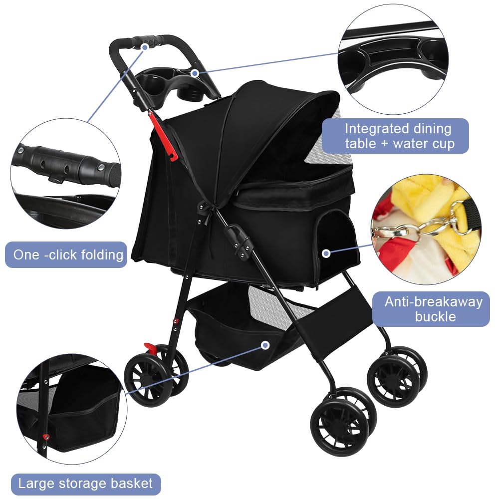 OHMG 3 en 1 Poussette buggy pliable animaux chariot pliante chien chat porte-gobelet panier de rangement inclus roues avec frein tissu 600D Oxford acier,Jusqu'à 40 kg,98 * 67 * 46cm-Noir