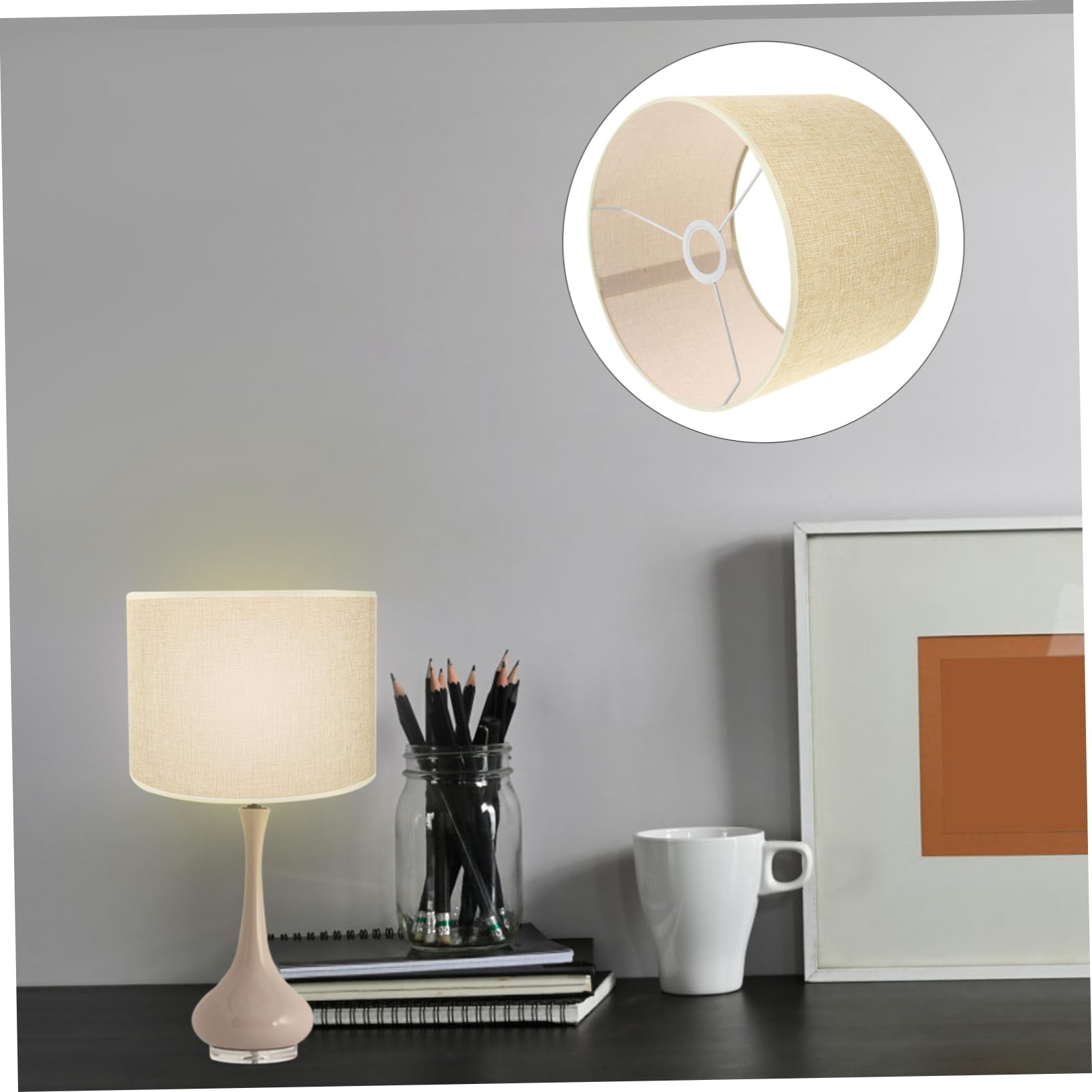 Zylindrischer Lampenschirm Stabil Beige, für E27, aus Leinen