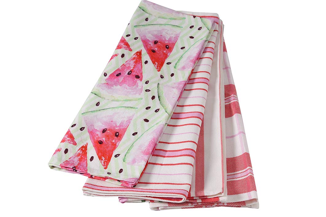 anaKitchen Dish Towel Set 4 Water Melon RER-Pink Print Includes 1 Water Melon Print & 3 Stripe/Check Pattern Beautifly Designd to Add Accent to Your Kitchen Comes in Size 18x28 Inch