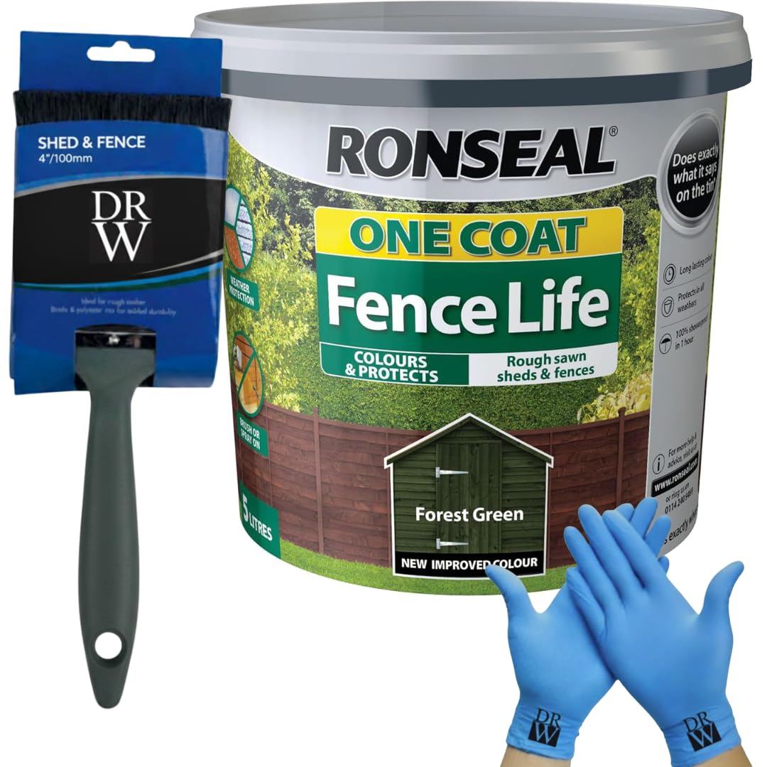 Drw Forest Green One Coat Shed & Fence Protector 5L + Free 4" Fence Paint Brush & Nitrile Gloves | Long-Lasting Weatherproof Wood Protection | One Coat Formula For Sheds, Fences & Timber