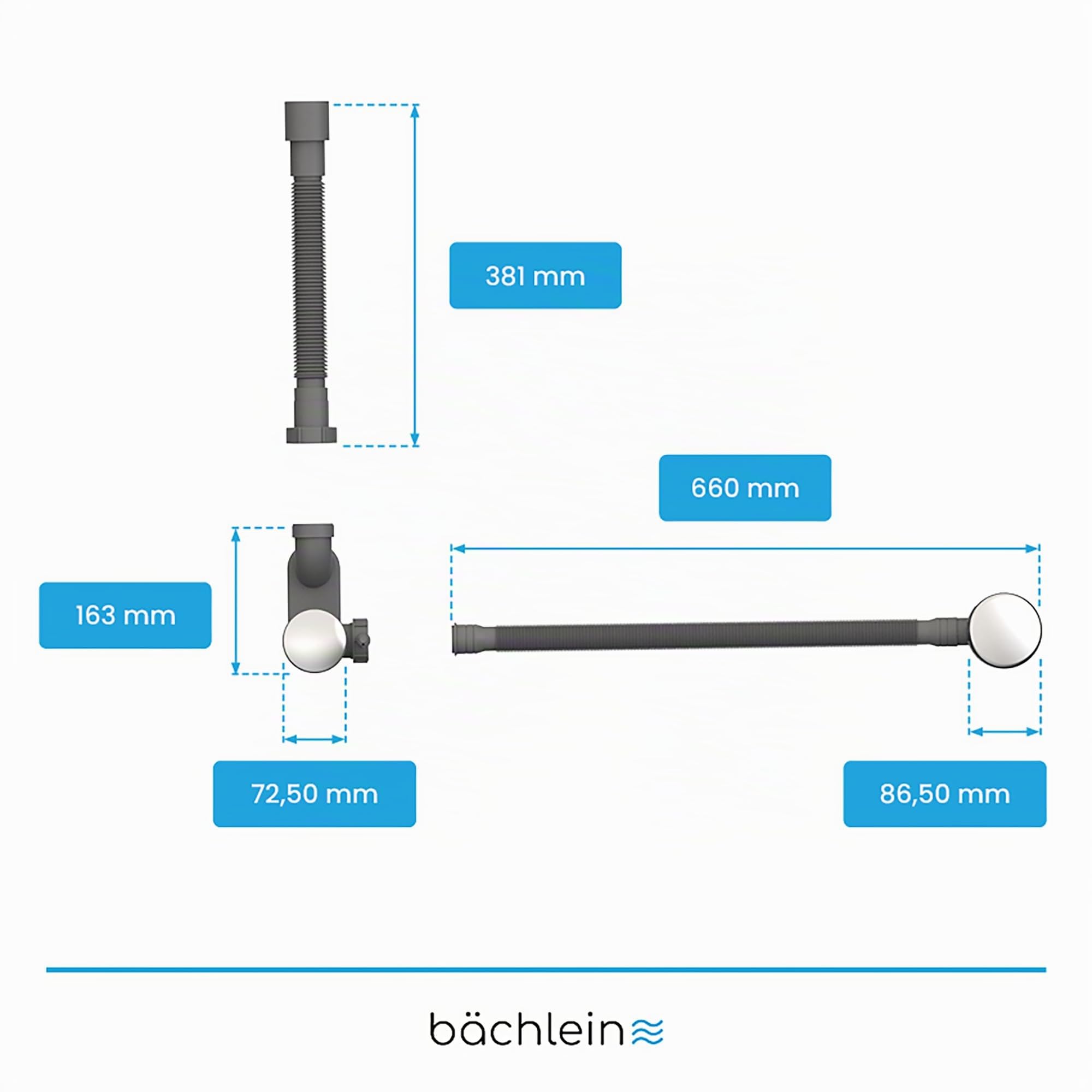 Bächlein Piletta pop-up per vasca da bagno, funzione pop-up con setaccio per uno scarico della vasca pulito, kit completo con troppopieno flessibile, copertura di troppo pieno e sifone