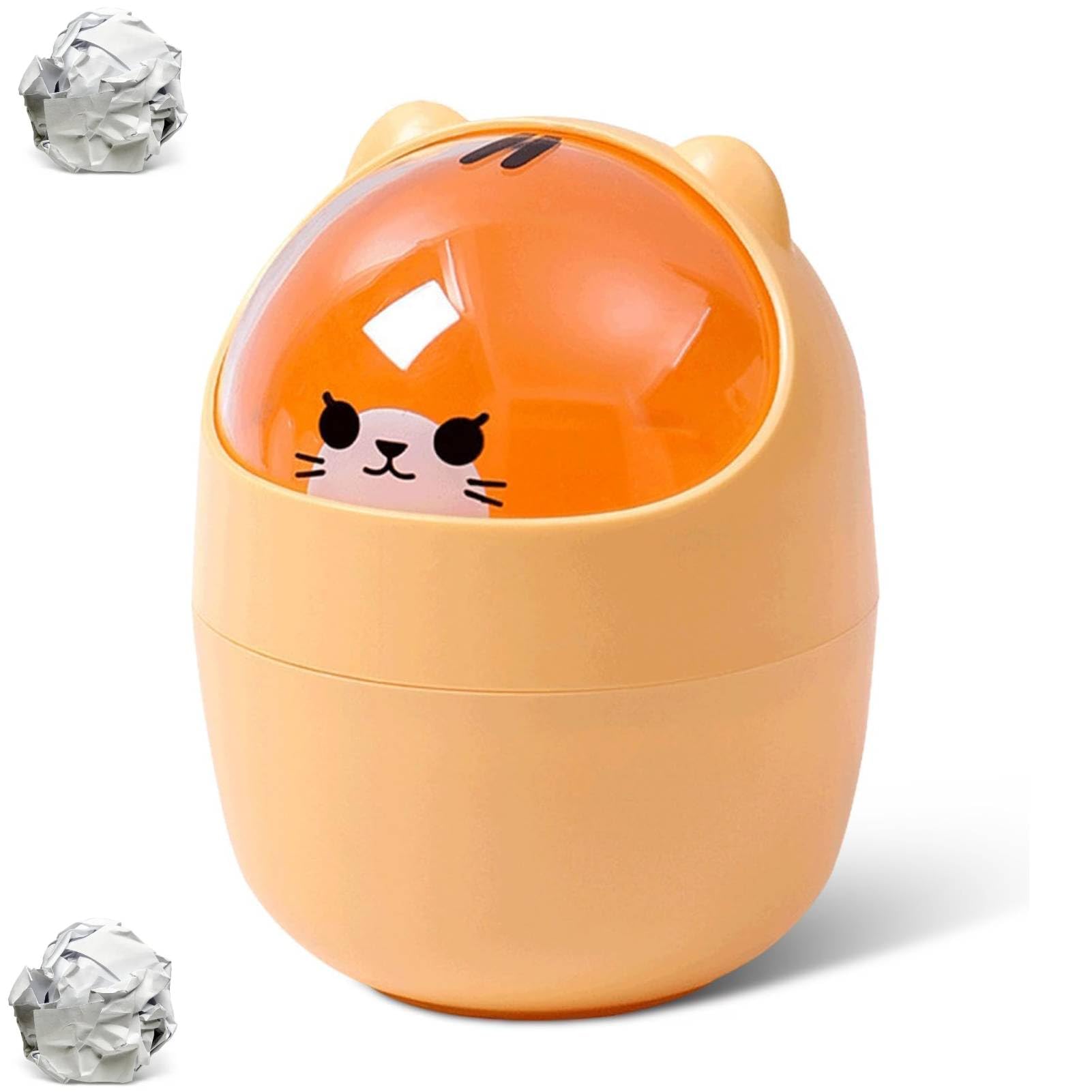 Cute Mini Desktop Trash Can, Cartoon Cat Animal Shape Waste Paper Bin with Swing Lid Mini Countertop Trash Can Small Garbage Can(Yellow)-image-4