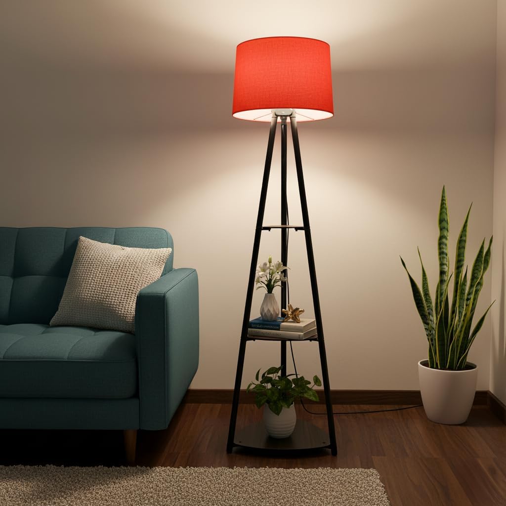 Tripod Metal Floor Lamp with Shelves Stylish Standing Lamp for Living Room Decoration Bedroom Corner Stand Aesthetic Home Decor LED Bulb Included Scarlet Red..-picture-31