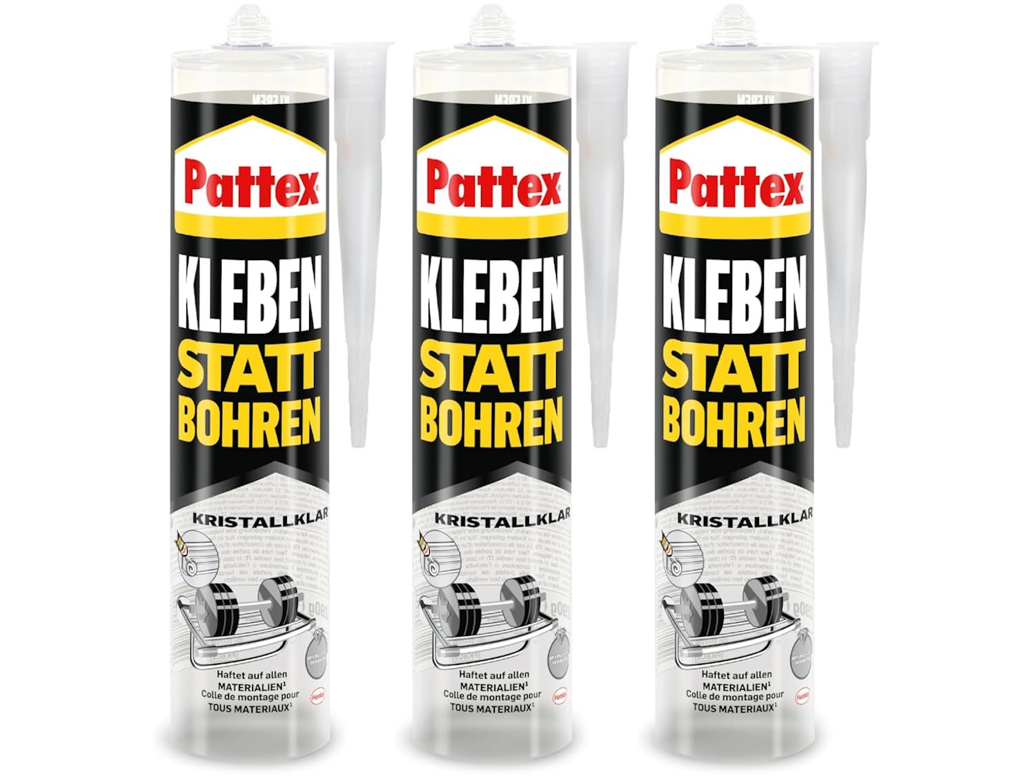Pattex Kleben statt Bohren Kristallklar, Montagekleber für kristallklare Verklebungen, Baukleber für alle Materialien, Universalkleber für innen & außen, 3x290g