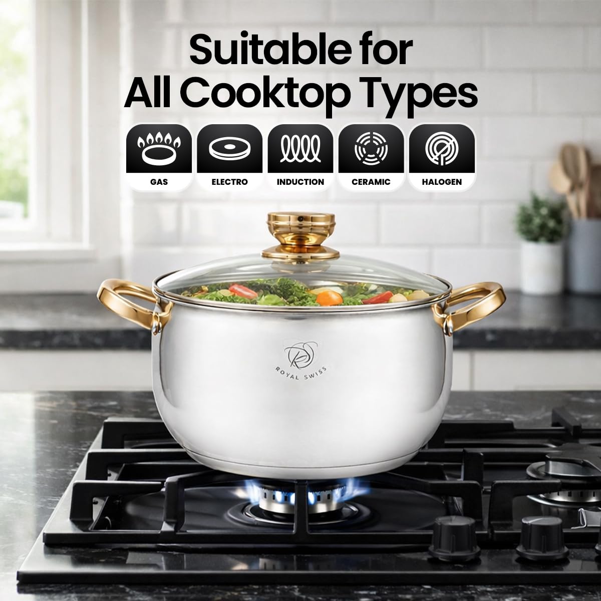 Royal Swiss® Batterie de Cuisine Inox 10 Pièces – Casseroles & Poêles avec Couvercles en Verre – Tous Feux – Acier Inoxydable Durable (6 pcs Gold)