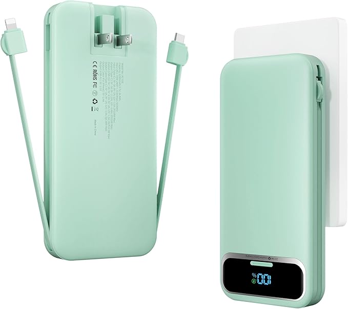 12000mAh Lightweight-Portable-Charger-Power-Bank with Built-in Cables and AC Wal