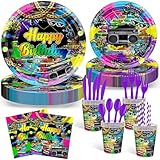 Avezano 192 Pcs 80’s Party Tableware Set 80s Birthday Hip Hop Party Table Decorations Supplies Retro 80s Theme Paper Plates, Napkins, Cups and Plastic Cutlery for 24 Guests